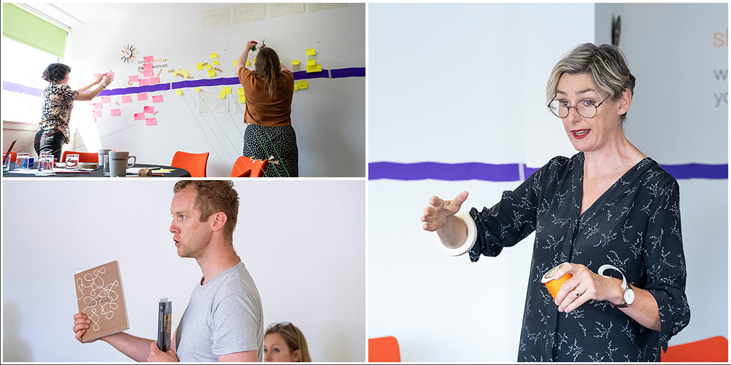 A three-photo collage. The first image shows two people pinning small coloured pieces of paper to a wall. The second image shows a man leading a workshop - he is holding two books and engaged in conversation. The third image shows a woman leading a workshop - she is holding a loom of thread and is engaged in conversation.