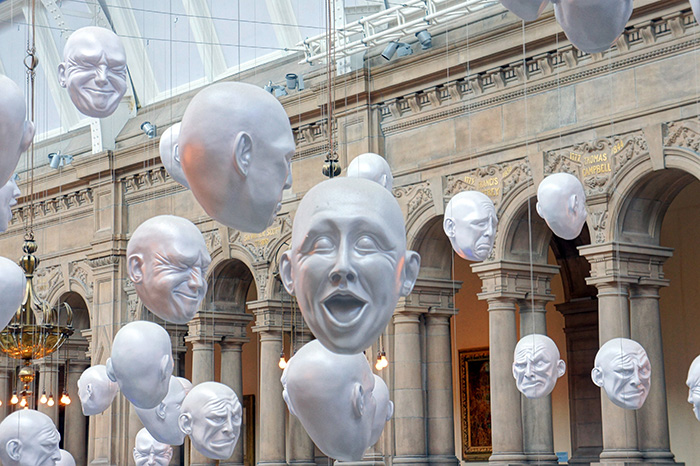 Hanging heads exhibit at Kelvingrove Art Gallery