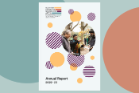 An image of the front over of the SGSAH Annual Report 2022-23 on a background of coloured abstract shapes