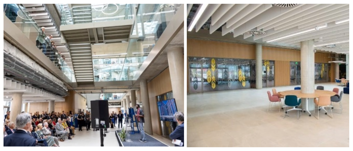 Left: photo of the interior of the ARC building where a large group of people are gathered for a film screening. Right: photo of the interior of the ARC building showing empty space with furniture.