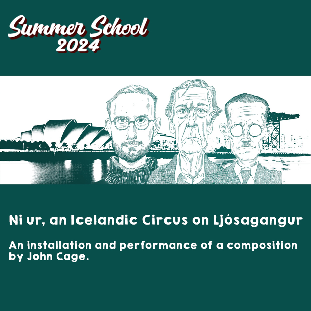 A sketch drawing of 3 men against Icelandic landmarks