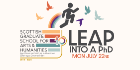 A stickman jumping over the SGSAH logo with a rainbow trail behind and rainbow birds surrounding them