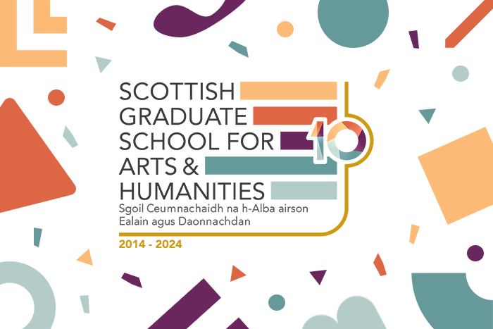 The SGSAH 10 year anniversary logo surrounded by confetti and various party symbols in the SGSAH colours