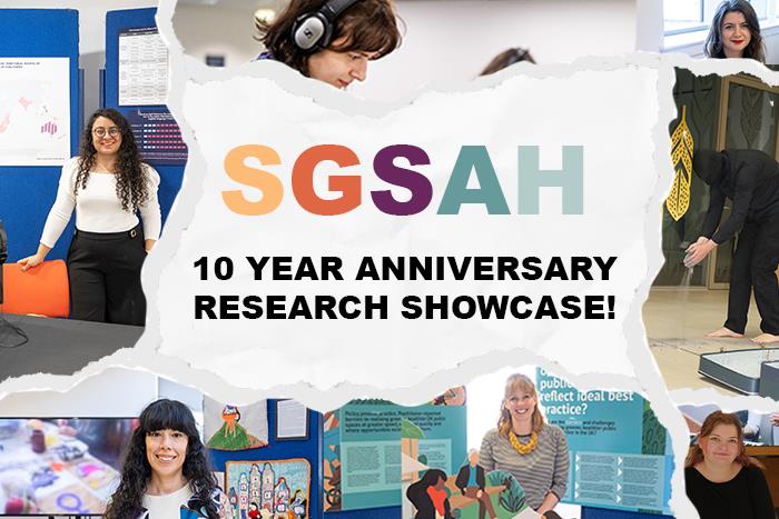 Several pictures of previous research showcases on paper strips surrounding the words