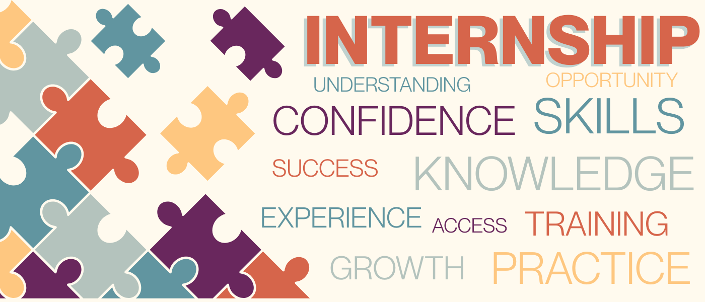 A colourful graphic with jigsaw pieces and words describing the benefits of internships