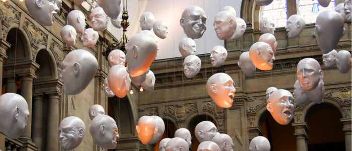 Floating heads installation at Kelvingrove Museum, Glasgow