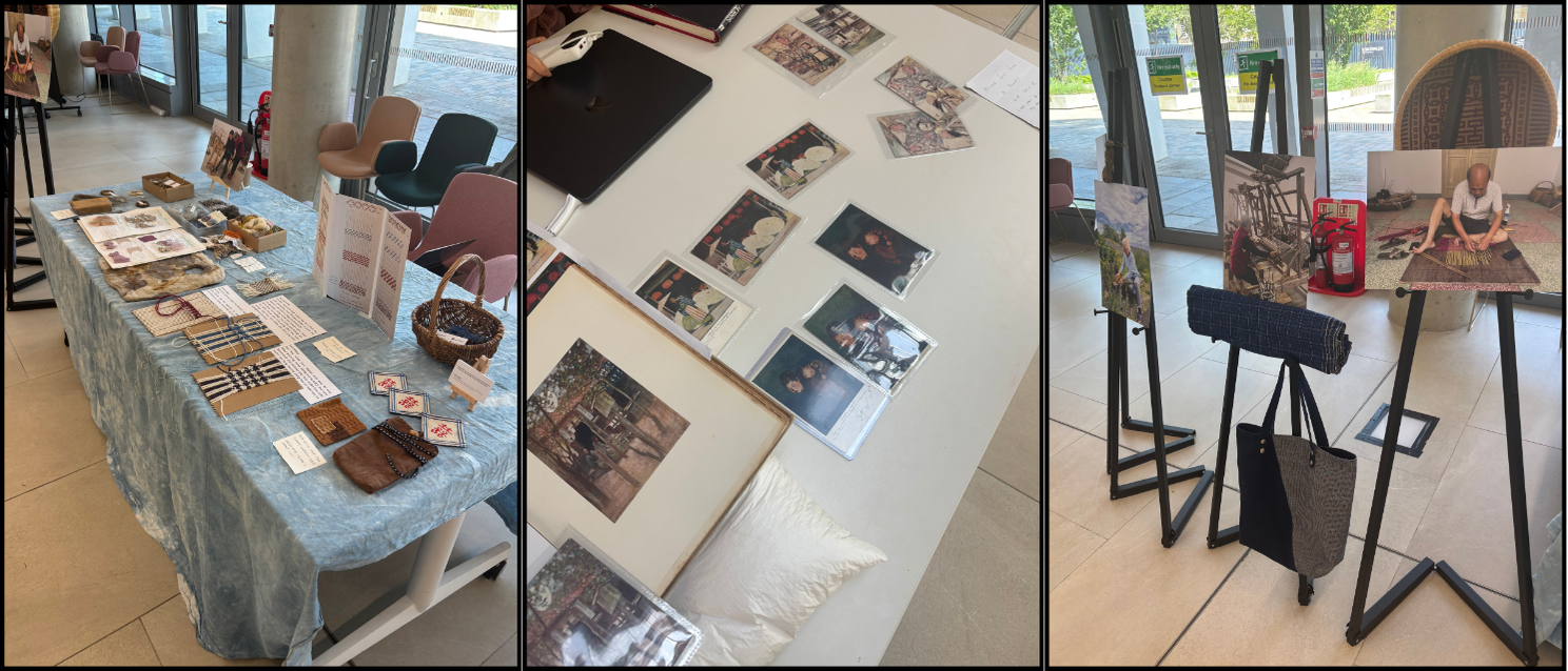 Three SGSAH Research Showcase 2026 displays featuring handcrafted research materials: a table of woven textiles, artefacts and documentation; a collection of photographs, prints and archival materials laid out on a table; and a textile-focused display with woven items, bags and photographic panels on easels.