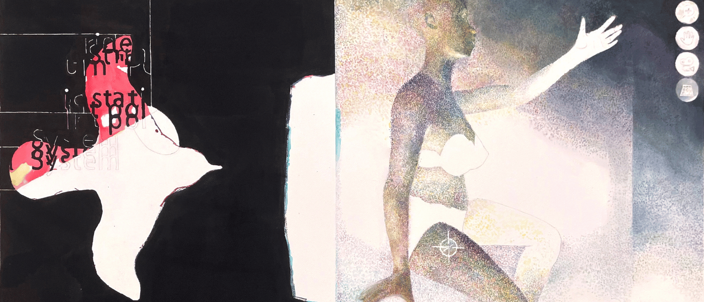Abstract mixed-media artwork featuring fragmented human-like figures, contrasting black and light areas, and layered digital textures with scattered text and symbols