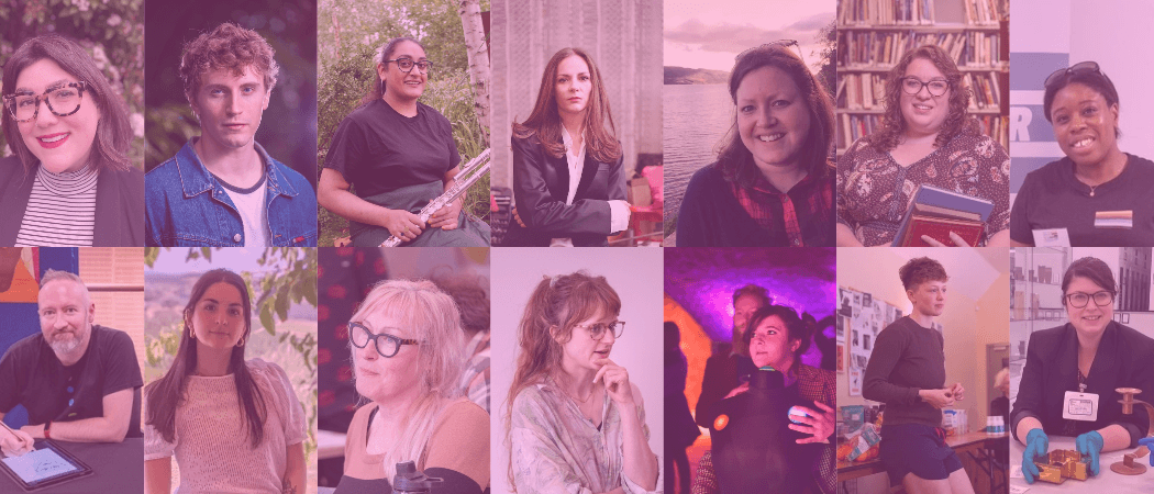 Collage of SGSAH alumni featuring 14 portrait photographs of individuals from a range of arts and humanities research and professional backgrounds, shown in academic, creative, cultural and public engagement settings