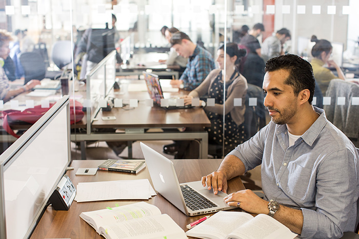 A student works in a library