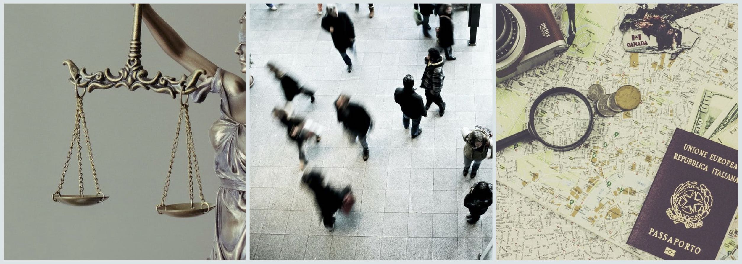 three juxtaposed photographs: scales, a group of people and a passport 