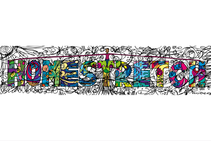A colourfully drawn banner/logo design of the word 'Homestretch'