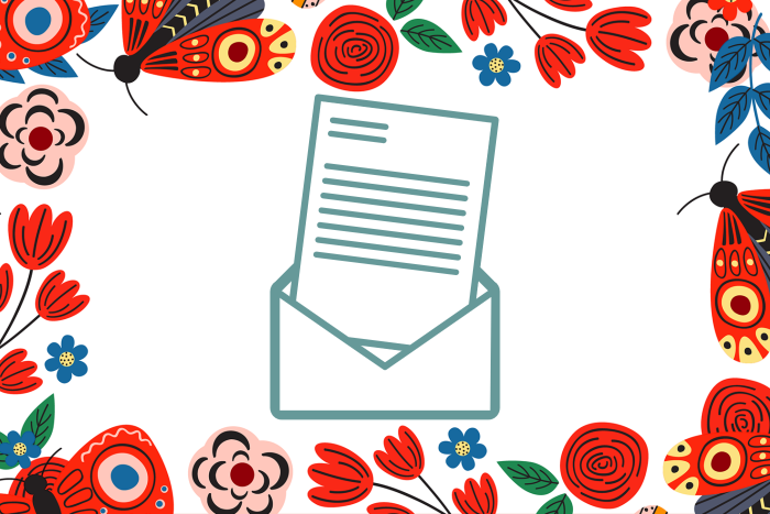 A graphic with a floral border, in the middle is an open envelope with a letter coming out of it