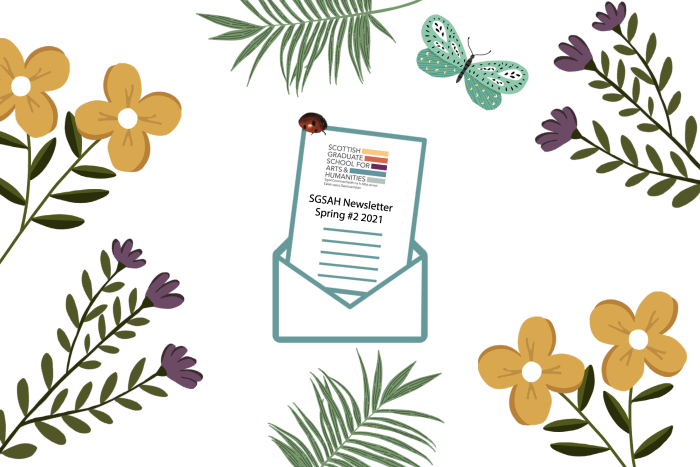Graphic with floral border, open envelope with a paper emerging from it on which is written: SGSAH Spring #2 2021 Newsletter