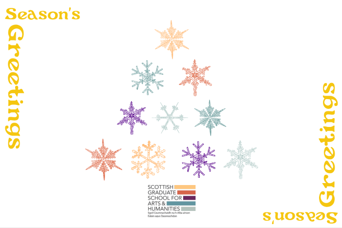 Different coloured snowflakes arranged in the shape of a christmas tree with the SGSAH logo below and the words 'season's greetings' on either side